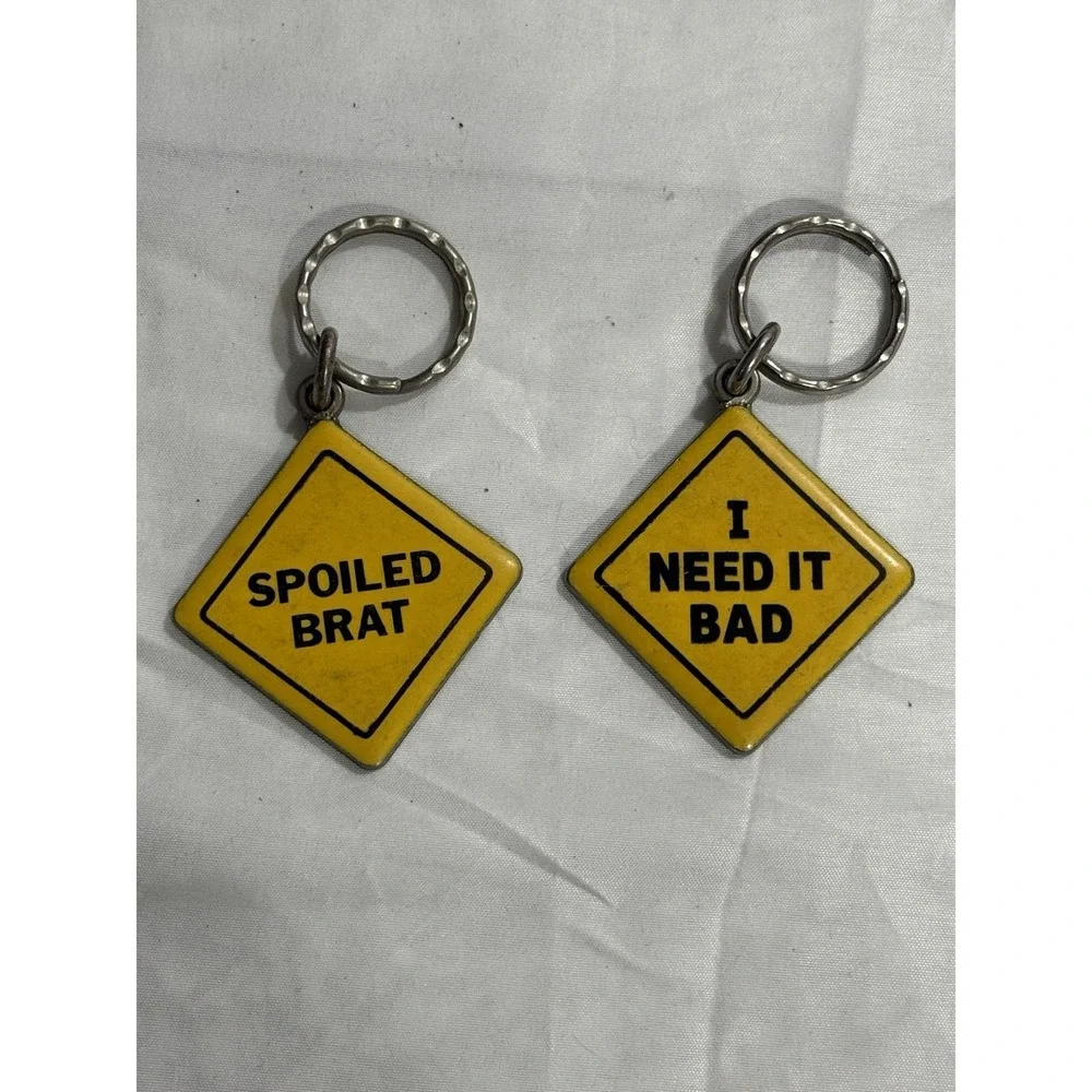 VINTAGE METAL KEY CHAIN Lot Of 2 YELLOW ROAD SIGN CAUTION